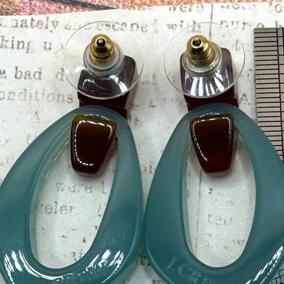 J. Crew Signed Designer Bold Resin Lucite Aqua Blue Amber Drop Hoop Earrings - Picture 13 of 14